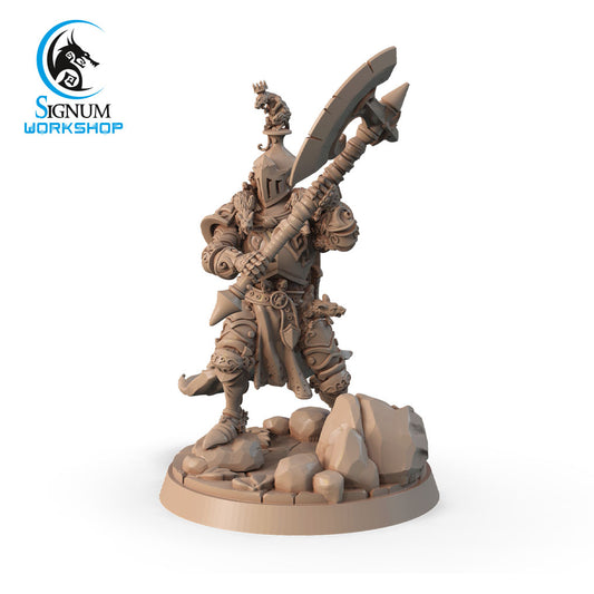 A detailed 3D printed miniature figure of a Plague Paladin with Axe, standing on a rocky base. The Plague Paladin is adorned with intricate armor and has a plume on the helmet, reminiscent of Dungeons and Dragons lore. The image features Signum Workshop's logo in the top left corner.