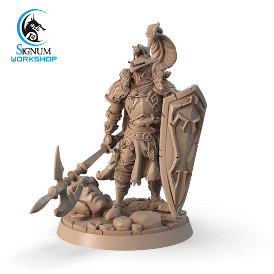 A detailed 3D-printed miniature figure of a Plague Paladin with Halberd - Signum Workshop - 3d Print, holding a shield and a large staff weapon. Perfect for Dungeons and Dragons campaigns, the knight stands on a decorated base with one foot resting on a helmet. The image includes the Signum Workshop logo in the top left corner.