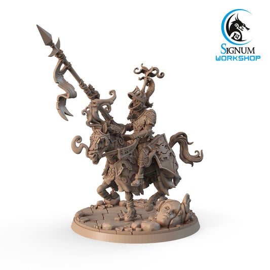 A detailed 3D-printed miniature figure shows a knight in ornate armor riding a decorated horse. The knight holds a long, curved lance, and the base features intricate ground details, including a large, partial face—perfect for any Dungeons and Dragons campaign. The image includes the "Plague Rider with Spear - Signum Workshop - 3d Print" logo.