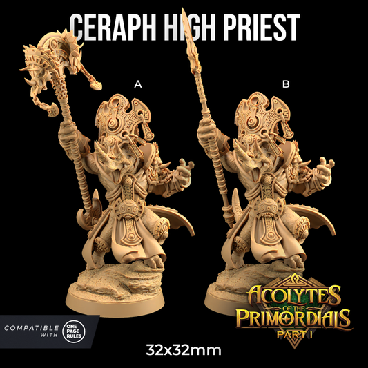 This image shows two resin miniatures labeled "High Priest - The Dragon Trappers Lodge - 3d Print" from "Acolytes of the Primordials Part I," compatible with OnePageRules. Both figures, labeled A and B, are 32x32mm and feature intricate designs, including headgear and robes, holding a staff from Dragon Trappers Lodge.