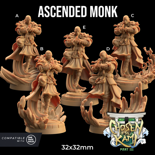 Promotional image showcasing five detailed, unpainted resin miniatures labeled A to E of an ascended monk in various meditative poses, designed for tabletop gaming. Text reads "ASCENDED MONK" and "32x32mm." Bottom right features the title "Ascended Monks - The Dragon Trappers Lodge - 3d Print" by Dragon Trappers Lodge.