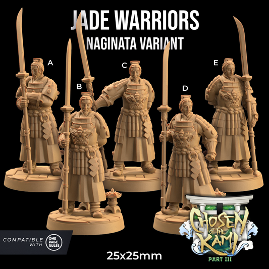 Five sculpted figurines of Jade Warriors wielding naginatas stand on 25x25mm bases. Each is labeled A to E and dressed in detailed armor. Text reads "Jade Warriors: Naginata Variant, Chosen of the Kami Part III." These resin miniatures are compatible with "One Page Rules."

Product Name: Jade Warriors - The Dragon Trappers Lodge - 3d Print