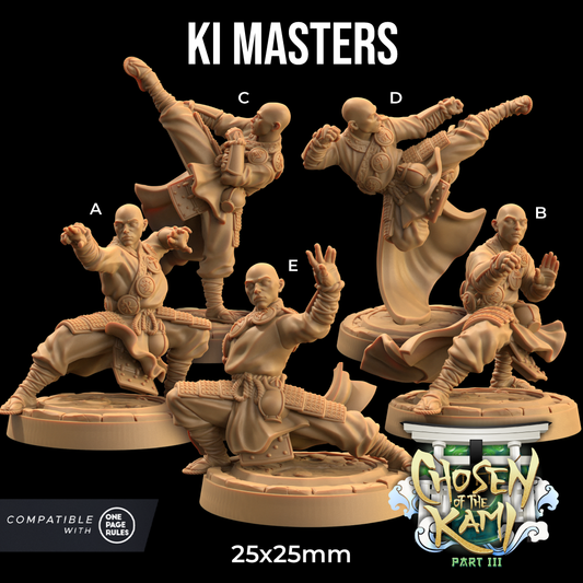 A set of five intricately detailed martial artist miniatures labeled A-E, striking dynamic poses with weapons and flowing robes. Crafted from resin, they stand on separate round bases. Text reads "Ki Masters - The Dragon Trappers Lodge - 3d Print" and "Compatible with One Page Rules" - perfect for wargames enthusiasts.