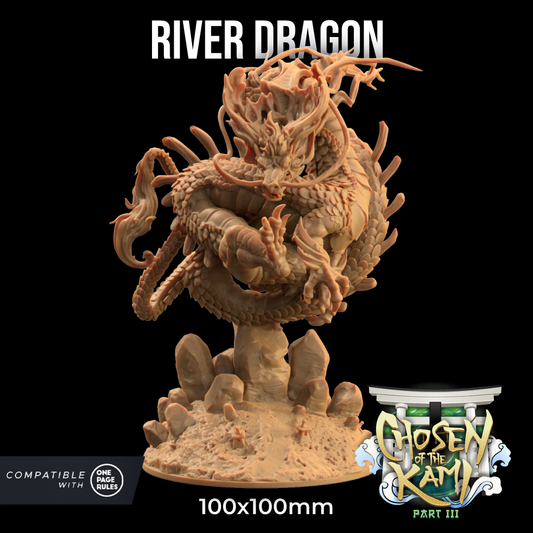 A highly detailed, coiled dragon miniature with elongated body, sharp claws, and intricate scales is mounted on a rocky base. Text above reads "River Dragon - The Dragon Trappers Lodge - 3d Print" and notes compatibility with "One Page Rules," "Chosen of the Kami Part III," and other resin miniatures from Dragon Trappers Lodge. Measurements are 100x100mm.