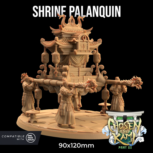 A detailed miniature model of **Shrine Palanquin - The Dragon Trappers Lodge - 3d Print** carried by four robed figures, designed for use in TTRPGs and wargames. The resin miniatures feature intricate carvings and a layered roof. Text indicates compatibility with "One Page Rules" and its size of 90x120mm.
