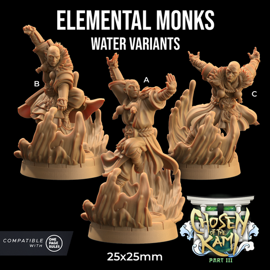 Three intricately detailed resin wargame models of Elemental Monks - The Dragon Trappers Lodge - 3d Print in dynamic poses, each manipulating water. Marked as A, B, and C, they are part of the "Chosen of the Kami Part III" series. Compatible with "One Page Rules," these unpainted TTRPG minis are displayed on 25x25mm bases.