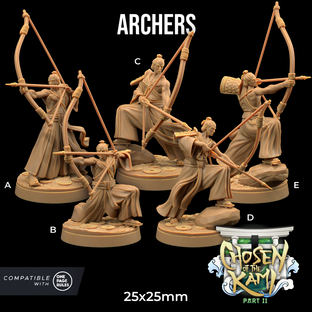 A group of five detailed archer miniatures from the "Chosen of the Kami Part II" set, crafted in exquisite resin. Each dynamic archer is poised with bows and arrows on 25x25mm bases. The image includes a logo and notes compatibility with One Page Rules, brought to you by Archers - The Dragon Trappers Lodge - 3d Print.