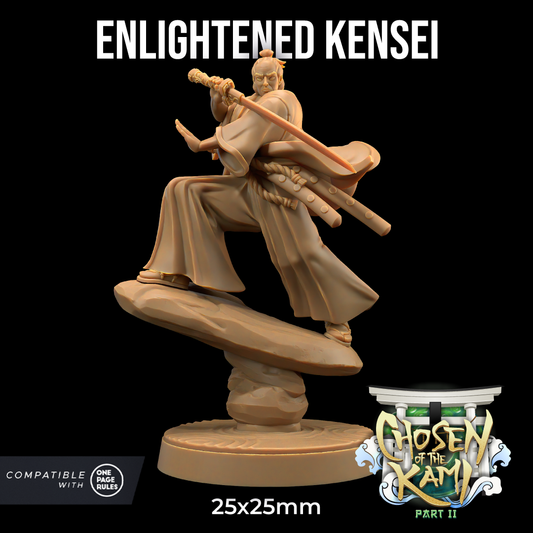 A 25x25mm miniature figurine depicted in a martial arts stance with a sword, labeled "Enlightened Kensei - The Dragon Trappers Lodge - 3d Print." Crafted with intricate detail, this resin miniature is designed for a game, as indicated by the "Compatible with One Page Rules" badge and the game logo "Chosen of the Kami Part II.