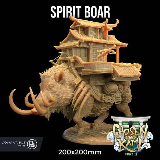 A detailed resin miniature figure of a Spirit Boar - The Dragon Trappers Lodge - 3d Print, featuring a large, tusked boar carrying a Japanese-style pagoda on its back. The text "SPIRIT BOAR" is at the top, and "Chosen of the Kami Part II" with a compatible logo from Dragon Trappers Lodge is at the bottom.