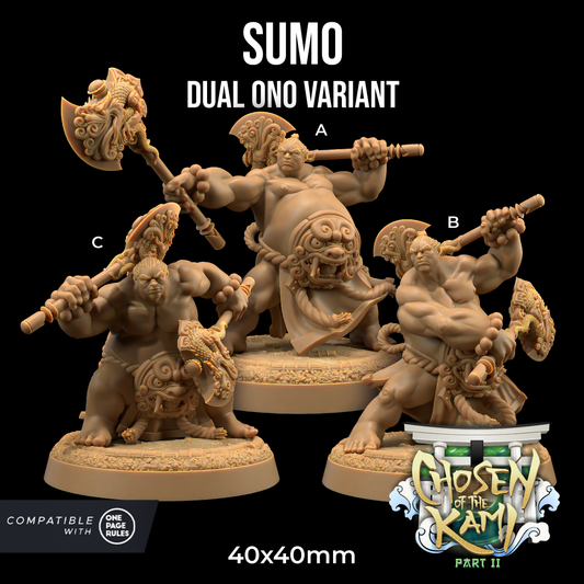 Three intricately detailed fantasy warrior miniatures are displayed in battle poses, each holding dual axes. They are labeled "A," "B," and "C." The characters wear elaborate armour and stand on round bases. Perfect for wargames, these resin miniatures read "Sumo - The Dragon Trappers Lodge - 3D Print" and "Chosen of the Ram Part II.