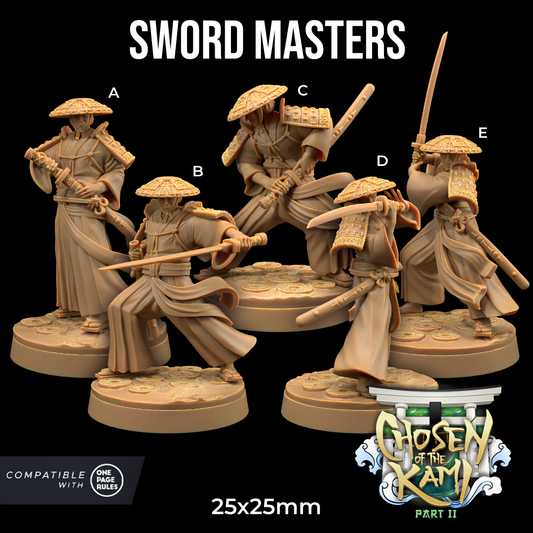 A group of five detailed resin miniatures labeled A to E, depicting sword masters in dynamic battle poses and wearing traditional straw hats and robes. The text reads "Sword Masters - The Dragon Trappers Lodge - 3d Print" at the top and "Chosen of the Kami Part II" above a logo from Dragon Trappers Lodge at the bottom right. Size: 25x25mm.