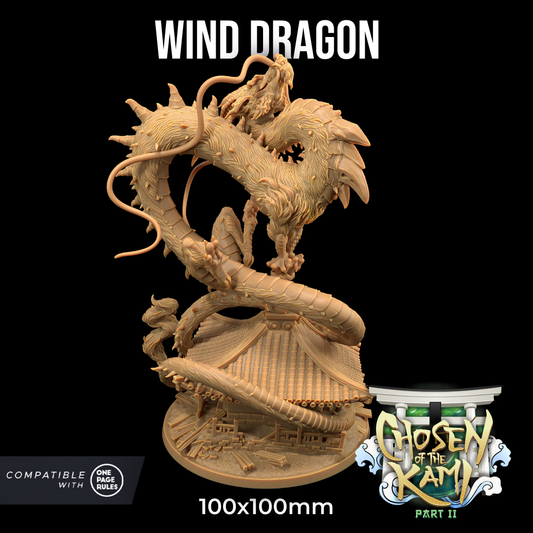 A tan, intricately detailed model of a wind dragon is shown. The dragon coils around a temple roof. The text reads "Wind Dragon" at the top, "Compatible with One Page Rules" on the left, and "Chosen of the Kami Part II" on the right. This stunning resin miniature from **Wind Dragon - The Dragon Trappers Lodge - 3d Print** measures 100x100mm.