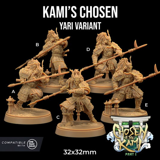 Five detailed resin miniatures of warriors, labeled A through E, holding spears and wearing armor. The figurines are on round bases stamped with "32x32mm" at the bottom. The text "Kami's Chosen - The Dragon Trappers Lodge - 3d Print" is at the top, with the Dragon Trappers Lodge logo on the lower right.