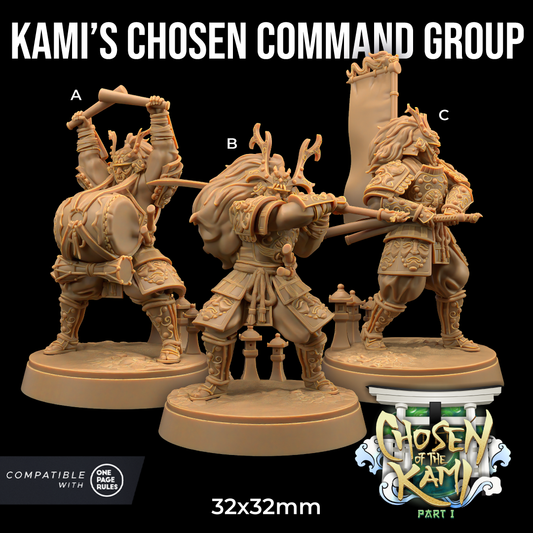 Three intricately detailed resin miniatures from "Kami's Chosen Command Group- The Dragon Trappers Lodge - 3d Print," are displayed. The figures, labeled A, B, and C, are poised in action stances, holding various weapons and banners. Perfect for wargames, each measures 32x32mm.