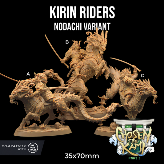 Three intricately designed resin miniatures labeled "Kirin Riders - The Dragon Trappers Lodge - 3d Print." Each rider is mounted on a dragon-like creature and is armed with a sword. The figures are labeled A, B, and C for identification. Text indicates that figures are 35x70mm from Dragon Trappers Lodge.