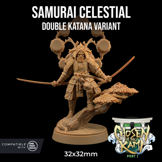 A 32x32mm miniature figure of the Samurai Celestial - The Dragon Trappers Lodge - 3d Print, featuring two katanas in an action pose. Cast in high-quality resin, the figure includes traditional samurai armor and stands on a detailed base with the "Chosen of the Kami Part I" logo. Compatible with One Page Rules and Dragon Trappers Lodge.