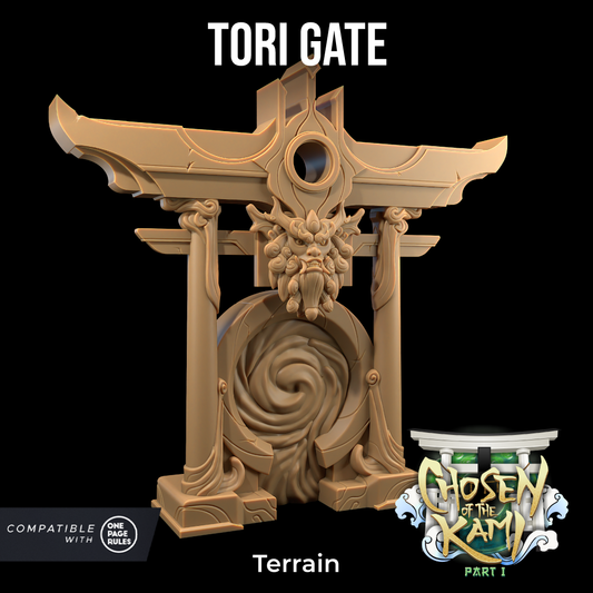A detailed 3D model of a "Tori Gate - The Dragon Trappers Lodge - 3d Print," designed as terrain for the wargame "Chosen of the Kami Part I." The gate features intricate carvings, a swirling pattern at the base, and a lion-like face at its center. Text indicates compatibility with TTRPGs like "One Page Rules.
