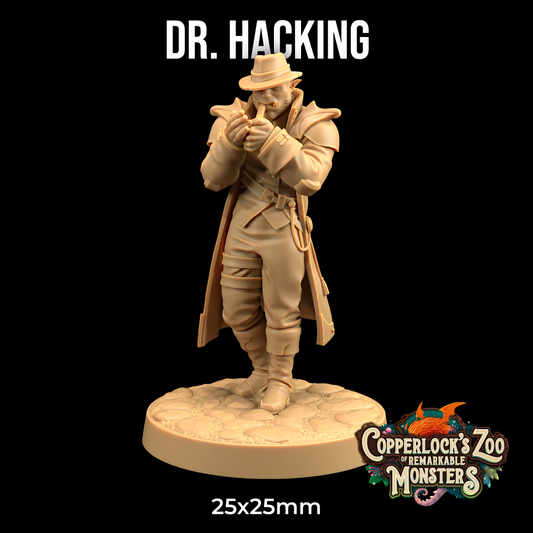 A 3D printed miniature of a character labeled "Dr. Hacking and Mr. Caine - The Dragon Trappers Lodge - 3d Print" on a circular base. The figure, measuring 25x25mm, is in a trench coat and hat, posing with a confident stance. Perfect for Dungeons and Dragons, the text "Copperlock's Zoo of Remarkable Monsters" adorns the bottom right corner of the image.