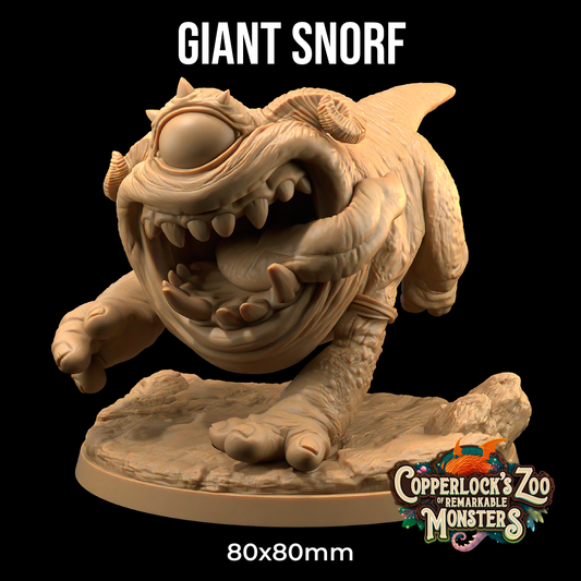 A 3D-printed miniature of a "Giant Snorf - The Dragon Trappers Lodge - 3d Print," a fantasy creature with a large mouth, sharp teeth, one eye, and small horns. The model is on a circular base with the text "80x80mm" beneath it. The "Copperlock's Zoo of Remarkable Monsters" logo is at the bottom right—perfect for Dungeons and Dragons campaigns.