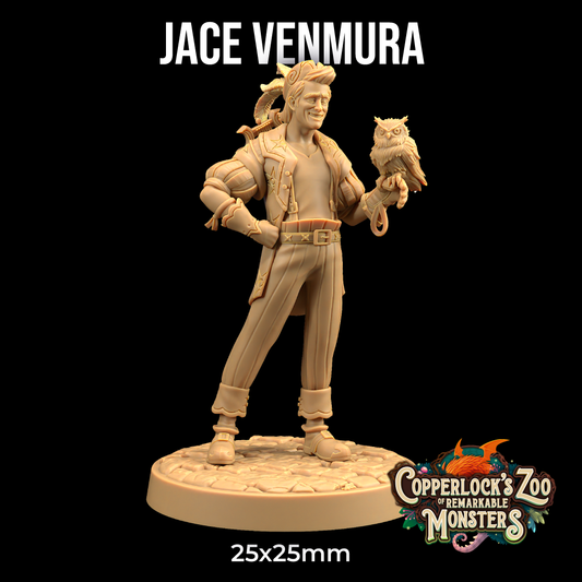 A 3D-printed miniature titled "Jace Venmura - The Dragon Trappers Lodge - 3d Print" stands on a circular base. The character, with a confident pose, holds an owl in one hand and has a snake around his neck. At the bottom is the logo for “Copperlock’s Zoo of Remarkable Monsters” and the dimensions “25x25mm.” Perfect for any Dungeons and Dragons campaign.