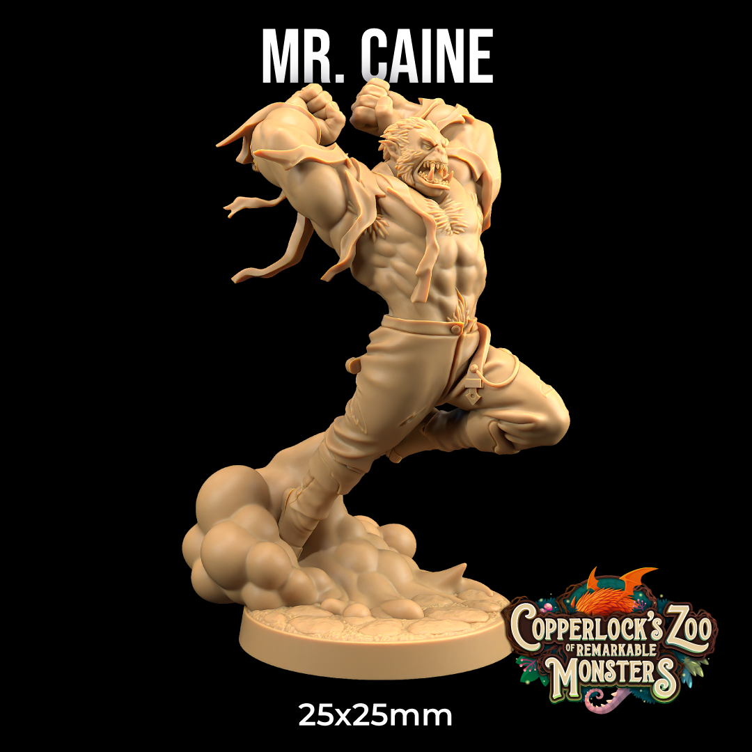 A 3D printed miniature of a fantasy character named Dr. Hacking and Mr. Caine - The Dragon Trappers Lodge - 3d Print. Perfect for Dungeons and Dragons, this muscular figure is posed mid-leap with fists raised on a 25x25mm base. The model is unpainted, revealing intricate details.