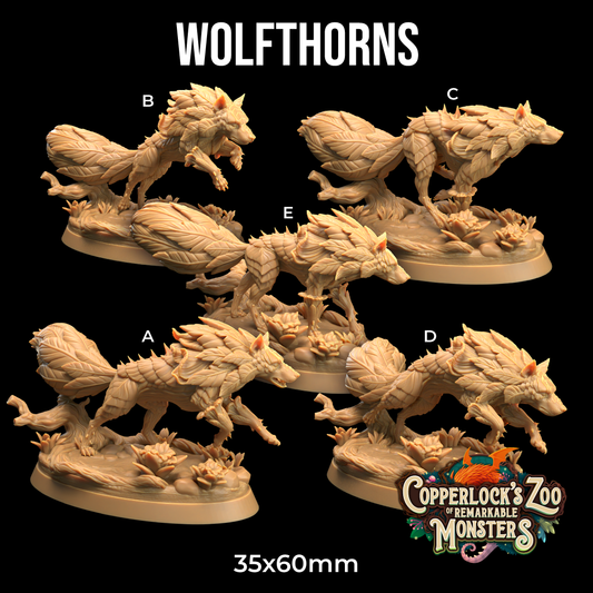 Five detailed wolf figurines labeled A to E on display, featuring intricate fur and leaf-like details. Positioned on circular bases with plant elements, these 3D printed miniatures perfectly capture the essence of Dungeons and Dragons. Text at the top reads "Wolfthorns - The Dragon Trappers Lodge - 3d Print" and "Copperlock’s Zoo of Remarkable Monsters" appears at the bottom.