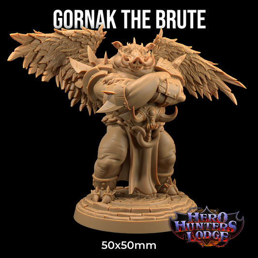 A detailed 3D printed miniature figurine named "Gornak The Brute - The Dragon Trappers Lodge - 3d Print," depicted with crossed arms, large wings, and armor, stands on a round base. The Hero Hunters Lodge logo appears at the bottom right corner with "50x50mm" indicated below the figurine—a must-have for any Dungeons and Dragons collection.