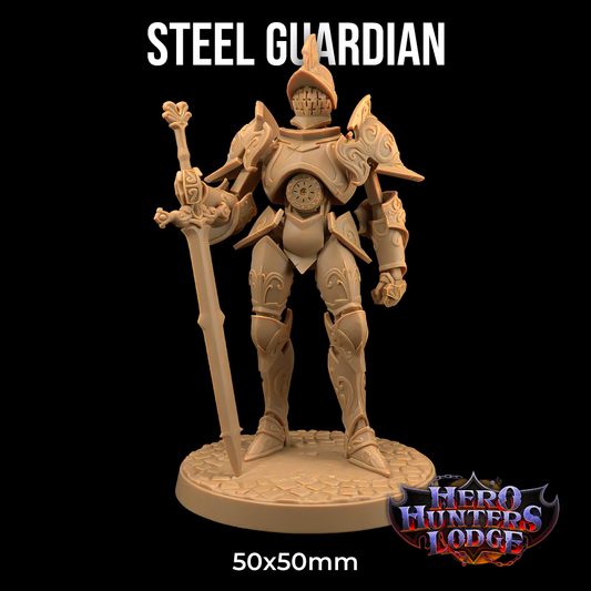 A highly detailed 3D printed miniature of a knight in ornate armor, labeled "Steel Guardian - The Dragon Trappers Lodge - 3d Print." The knight holds a large sword in its right hand and stands on a round base. Perfect for Dungeons and Dragons campaigns, the figure is 50x50mm in size with the "Hero Hunters Lodge" logo in the bottom right corner.