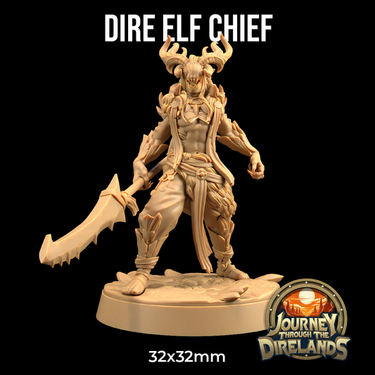 A detailed 3D printed miniature figurine of a Dire Elf Chief - The Dragon Trappers Lodge - 3d Print is depicted. The figure is muscular, wearing elaborate armor and wielding a large sword. The base reads "32x32mm." Below is a logo for "Journey through the Direlands." Text at the top says "DIRE ELF CHIEF: Perfect for Dungeons and Dragons.