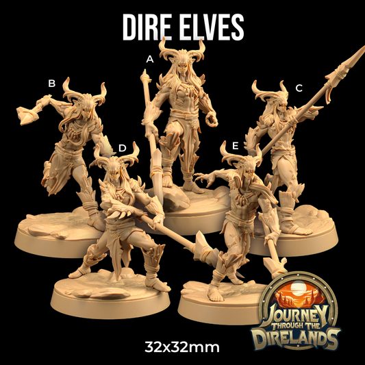 A group of five intricately detailed, 3D printed miniatures, each representing a Dire Elf, posed with various weapons. The Dire Elves feature horned helmets and dynamic battle stances. Image text reads "Dire Elves - The Dragon Trappers Lodge - 3d Print" at the top and "Journey Through the Direlands 32x32mm" at the bottom—perfect for Dungeons and Dragons campaigns.