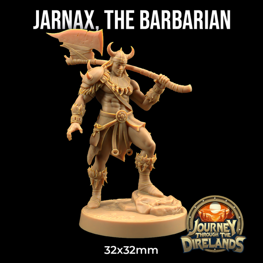 Miniature 3D printed figure of Jarnax - The Dragon Trappers Lodge - 3d Print, detailed with armor, wrist bracers, and a horned helmet, wielding a large axe over his shoulder. The base displays "Journey Through the Direlands," with the scale indicated as 32x32mm against a black background—perfect for Dungeons and Dragons campaigns.