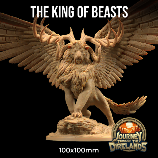 A detailed 3D printed miniature of a mythical lion-like creature with grand feathered wings, large antlers, and a majestic stance on a rock. Text at the top reads "The King of Beasts- The Dragon Trappers Lodge - 3d Print." A logo at the bottom says "Journey Through The Direlands," perfect for Dungeons and Dragons campaigns. Size indicated as 100x100mm.