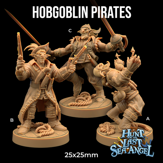 Three detailed 3d printed miniature figurines of Hobgoblin Pirates - The Dragon Trappers Lodge - 3d Print are shown on 25x25mm round bases. The figurines, labeled A, B, and C, each wield swords and wear pirate attire. The text "Hobgoblin Pirates" is at the top, and the "Hunt for the Last Sea Angel" logo is at the bottom—a must-have.