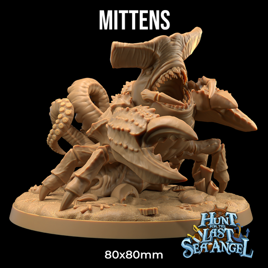 A highly detailed, brown monster figurine with large claws, tentacles, and a gaping mouth. This 3D printed miniature, titled "Mittens - The Dragon Trappers Lodge - 3d Print," measures 80x80mm. The base features a rocky texture, perfect for Dungeons and Dragons campaigns. The logo "Hunt for the Last Sea Angel" is in the bottom right corner.