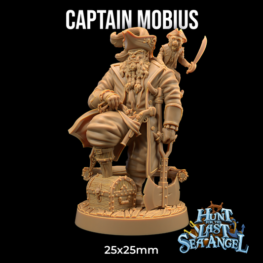 A detailed 3D printed miniature of Captain Mobius - The Dragon Trappers Lodge - 3d Print, a bearded pirate with a tricorn hat and long coat. He stands with one foot on a treasure chest, holding a large axe. A small monkey with a cutlass perches on his shoulder. Text reads "Captain Mobius" and "Hunt for the Last Sea Angel," with "25x25mm" indicating dimensions.