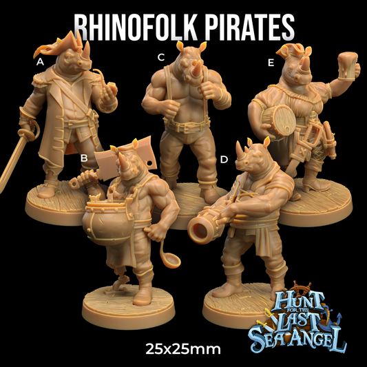 A group of five detailed 3D-printed miniature figurines of rhinoceros-themed pirates labeled A to E, each with unique attire and weaponry, stands on a wooden base. The text "RHINOFOLK PIRATES - THE DRAGON TRAPPERS LODGE - 3D PRINT" and "Hunt for the Last Sea Angel" is displayed above the miniatures, perfect for any Dungeons and Dragons campaign.