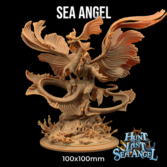 A detailed 3D printed miniature labeled "Sea Angel- The Dragon Trappers Lodge - 3d Print" shows a majestic, mythical creature with flowing wings and serpentine features. It is poised on a sculpted base with dynamic, wave-like elements. Perfect for Dungeons and Dragons campaigns, the image also displays "Hunt for the Last Sea Angel" and "100x100mm.