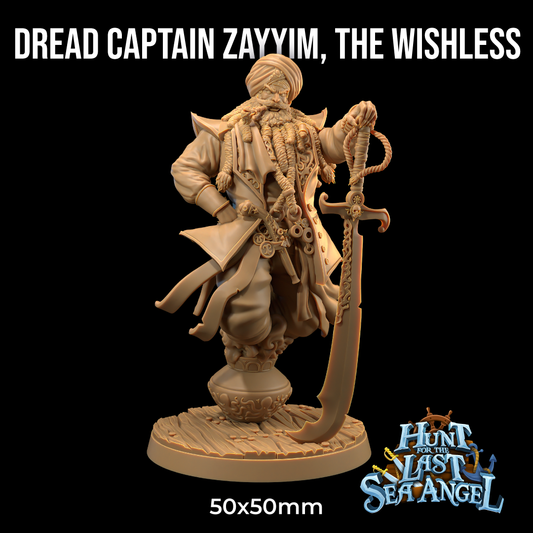 A 3D printed miniature of Dread Captain Zayyim- The Dragon Trappers Lodge - 3d Print, depicted with detailed pirate attire, including a large coat, numerous belts, and a turban. The figure holds a long sword and stands on a textured base. Text reads "Dread Captain Zayyim- The Dragon Trappers Lodge - 3d Print," "50x50mm," and "Hunt for the Last Sea Angel." Perfect for Dungeons