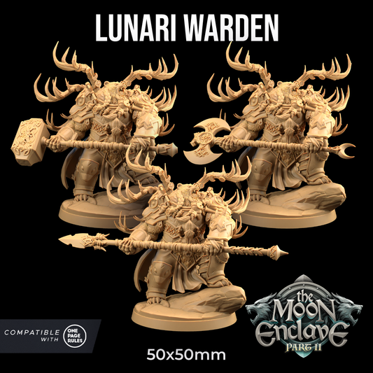 Three detailed resin miniatures of "Lunari Warden - The Dragon Trappers Lodge - 3d Print" are depicted, each wielding a different weapon: a hammer, an axe, and a spear. The figures feature intricate armor with horned helmets. Text reads "LUNARI WARDEN," "Compatible with One Page Rules," and "The Moon Enclave Part II.