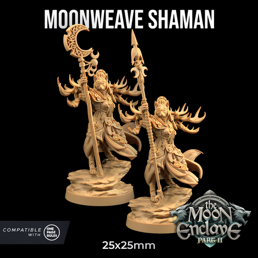 Two detailed resin miniatures of Moonweave Shaman - The Dragon Trappers Lodge - 3d Print, each holding a staff with intricate designs. They stand on rocky bases and are adorned with ornate clothing and accessories. The text "Moonweave Shaman," "Dragon Trappers Lodge," and "The Moon Enclave Part II" is displayed.
