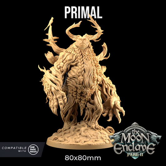 A detailed 3D printed miniature of a Primal - The Dragon Trappers Lodge - 3d Print. The creature has a large, tree-like form with antlers and wooden textures. The base size is 80x80mm, making it perfect for Dungeons and Dragons and compatible with "One Page Rules.