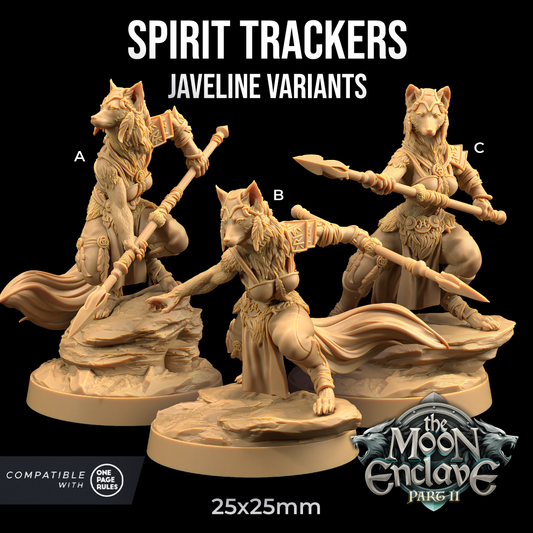 Three action-posed resin miniatures of Spirit Trackers - The Dragon Trappers Lodge - 3d Print, labeled A, B, and C, each wielding a javelin. The figures have humanoid wolf features and are dressed in detailed armor. The background reads "Spirit Trackers Javelin Variants" and "The Moon Enclave Part II." Base size: 25x25mm.