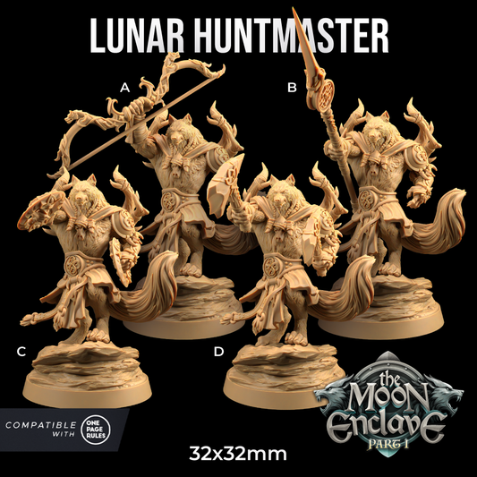Four detailed resin miniatures labeled A, B, C, and D depict the fantasy character "Lunar Huntmaster." Each figurine boasts unique weapons and poses. The text also mentions compatibility with "One Page Rules" and the size, 32x32mm. These exquisitely crafted pieces are available as Lunar Hunt Master - The Dragon Trappers Lodge - 3d Print.