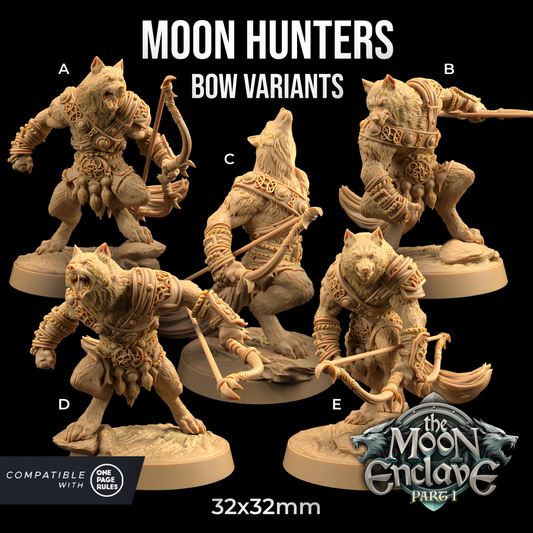 A promotional image showcasing five different "Moon Hunters - The Dragon Trappers Lodge - 3d Print" resin miniatures, each armed with a bow. The figures are labeled A-E and presented against a black background. Text indicates compatibility with "One Page Rules" and a size of 32x32mm, perfect for wargames.