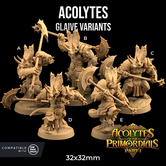 A promotional image showcases five resin miniatures of Acolytes - The Dragon Trappers Lodge - 3D Print with glaive variants from "Acolytes of the Primordials," printed on a 12k printer. Arranged in a group, each figure is positioned differently, highlighting their intricate design and armor. Text includes "32x32mm" and "Compatible with One Page Rules.