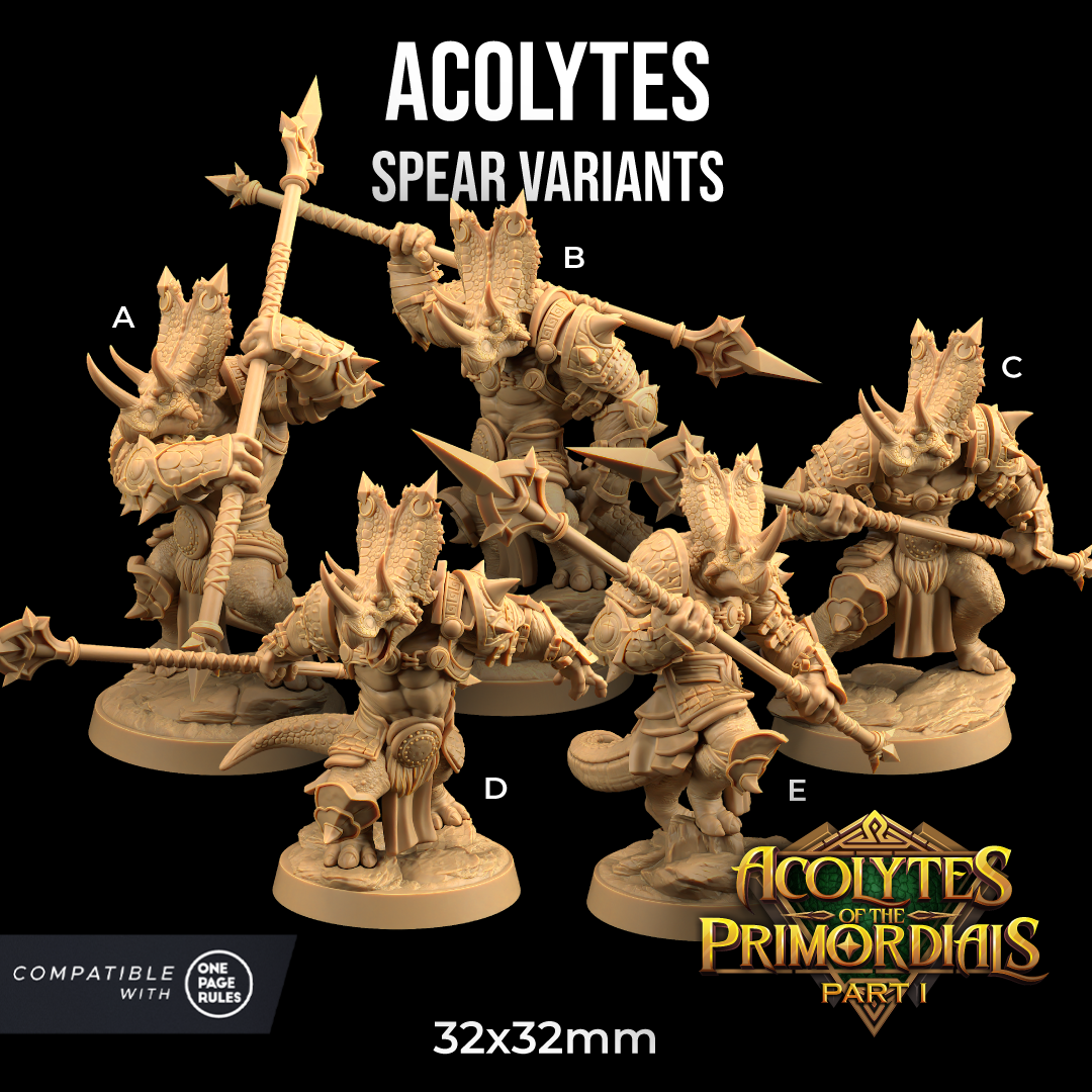 A collection of five detailed miniature figurines, labeled A to E, from "Acolytes - The Dragon Trappers Lodge - 3d Print." Each figure, crafted as resin miniatures using a 12k printer, holds a distinctive spear and wears intricate armor. The image notes they are "compatible with One Page Rules" and are 32x32mm in size.