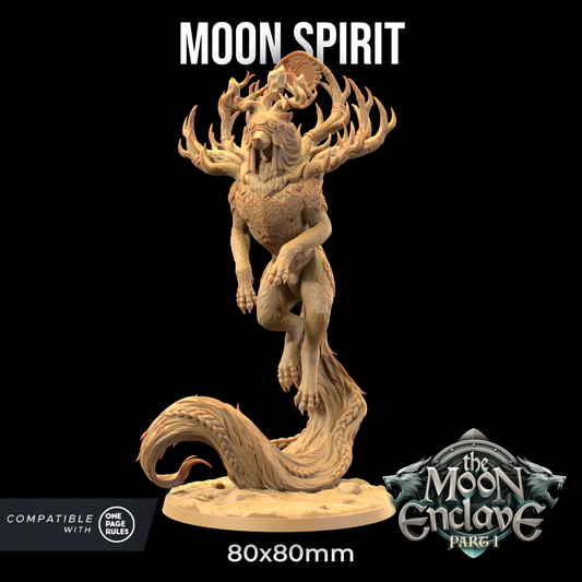 A detailed 3D printed miniature labeled **"Moon Spirit - The Dragon Trappers Lodge - 3D Print"** stands on a round base. It features a mythical creature with an elongated body intertwined with flowing, vine-like elements and antlers on its head. Compatible with "One Page Rules," "The Moon Enclave Part 1," and suitable for Dungeons and Dragons campaigns.