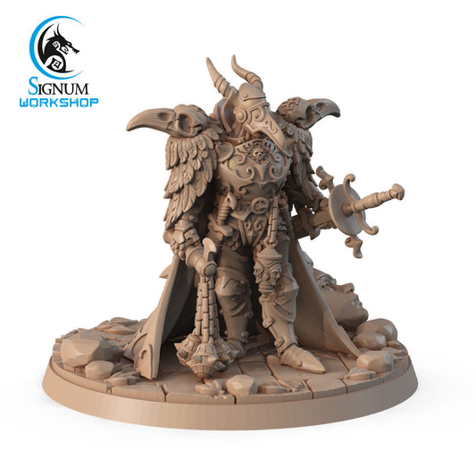 A detailed 3D-printed miniature figurine of Racar Incurable, Plague Constable by Signum Workshop, perfect for Dungeons and Dragons campaigns. The warrior is clad in intricate, ornate armor with bird-like motifs and a horned helmet, wielding a sword and a flail, standing on a rocky base.