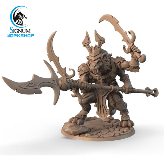 A detailed 3D printed miniature of a fantasy warrior creature with a muscular build, wearing ornate armor, and wielding a large, intricate blade in one hand and a smaller curved sword in the other. Perfect for Dungeons and Dragons campaigns, Ratushtar, The Roar of Death - Signum Workshop - 3d Print stands on a textured base with the Signum Workshop logo in the top left corner.