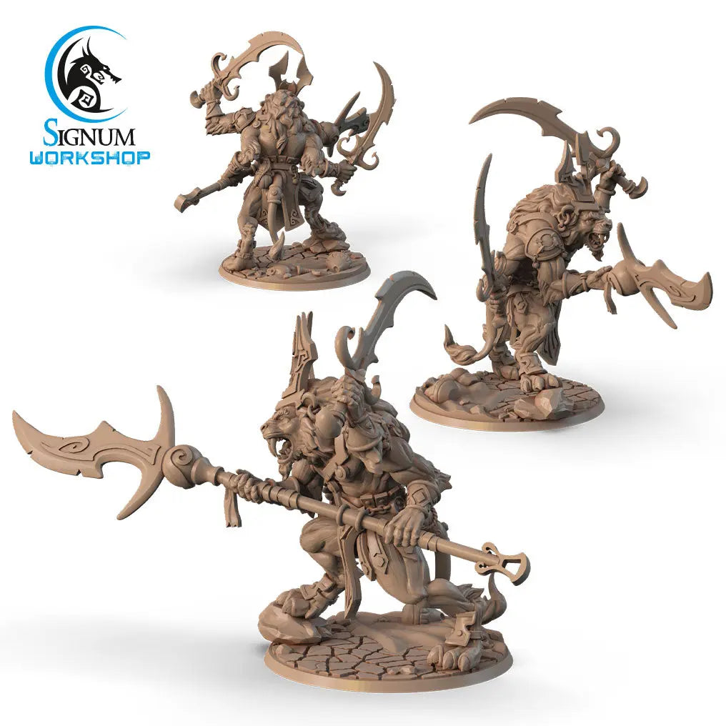 Three miniatures of Ratushtar, The Roar of Death - Signum Workshop - 3d Print, a horned, humanoid, wolf-like warrior equipped with a large, ornate polearm, posed aggressively. Each 3D printed miniature is shown from different angles. The Signum Workshop logo is displayed in the upper left corner, perfect for your next Dungeons and Dragons campaign.